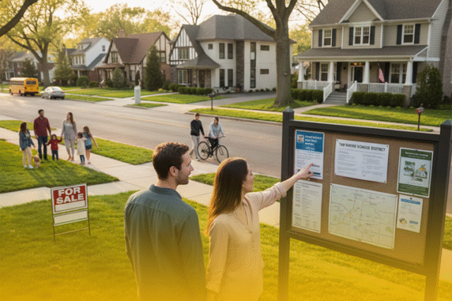 A real estate agent showing documents to two prospective homebuyers in a suburban neighborhood.