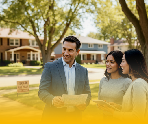 A real estate agent showing documents to two prospective homebuyers in a suburban neighborhood.